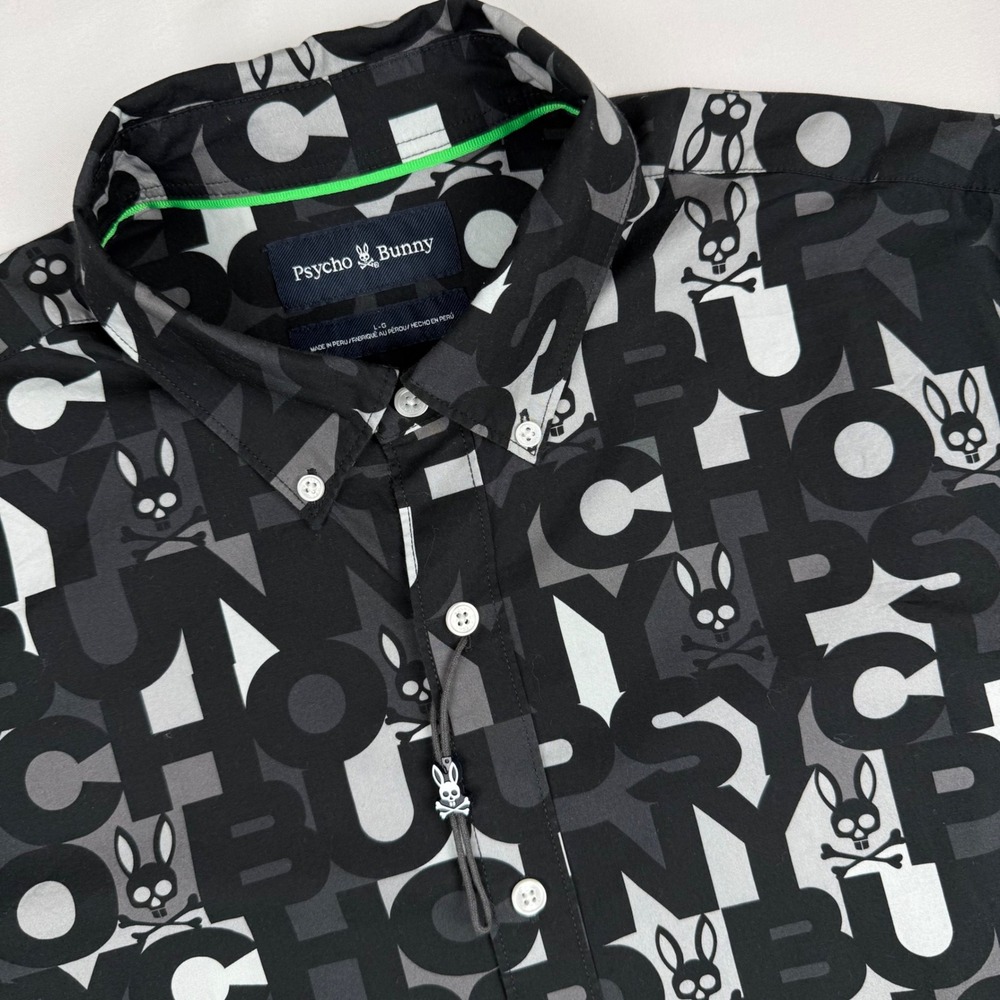 Psycho Bunny Mens L Black Gray Skull Logo Print Short Sleeve Button Down Shirt